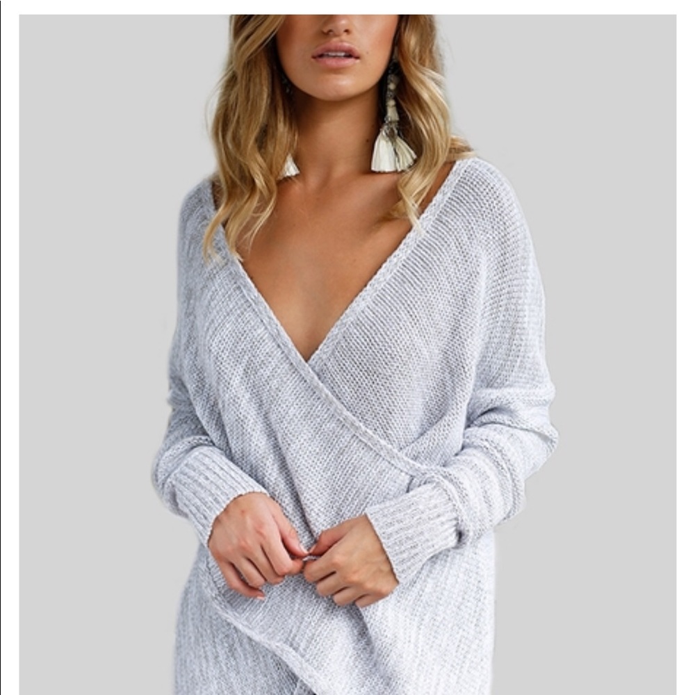 Stunning silver/grey deep V crossover sweater